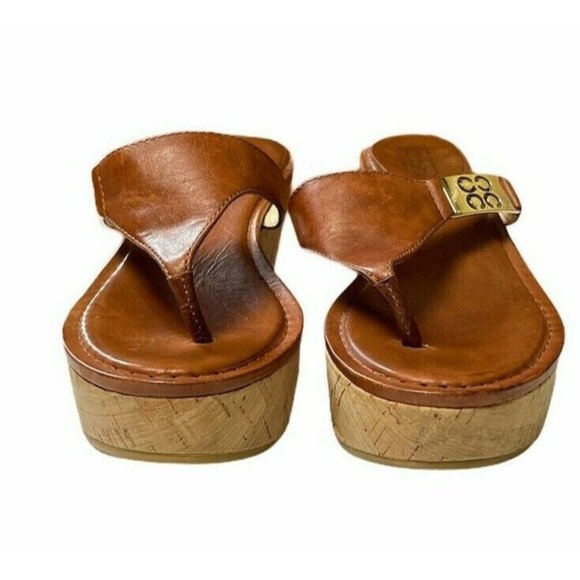 Coach Jan Cork Leather Cork Wedge Sandals Cognac - Picture 2 of 11